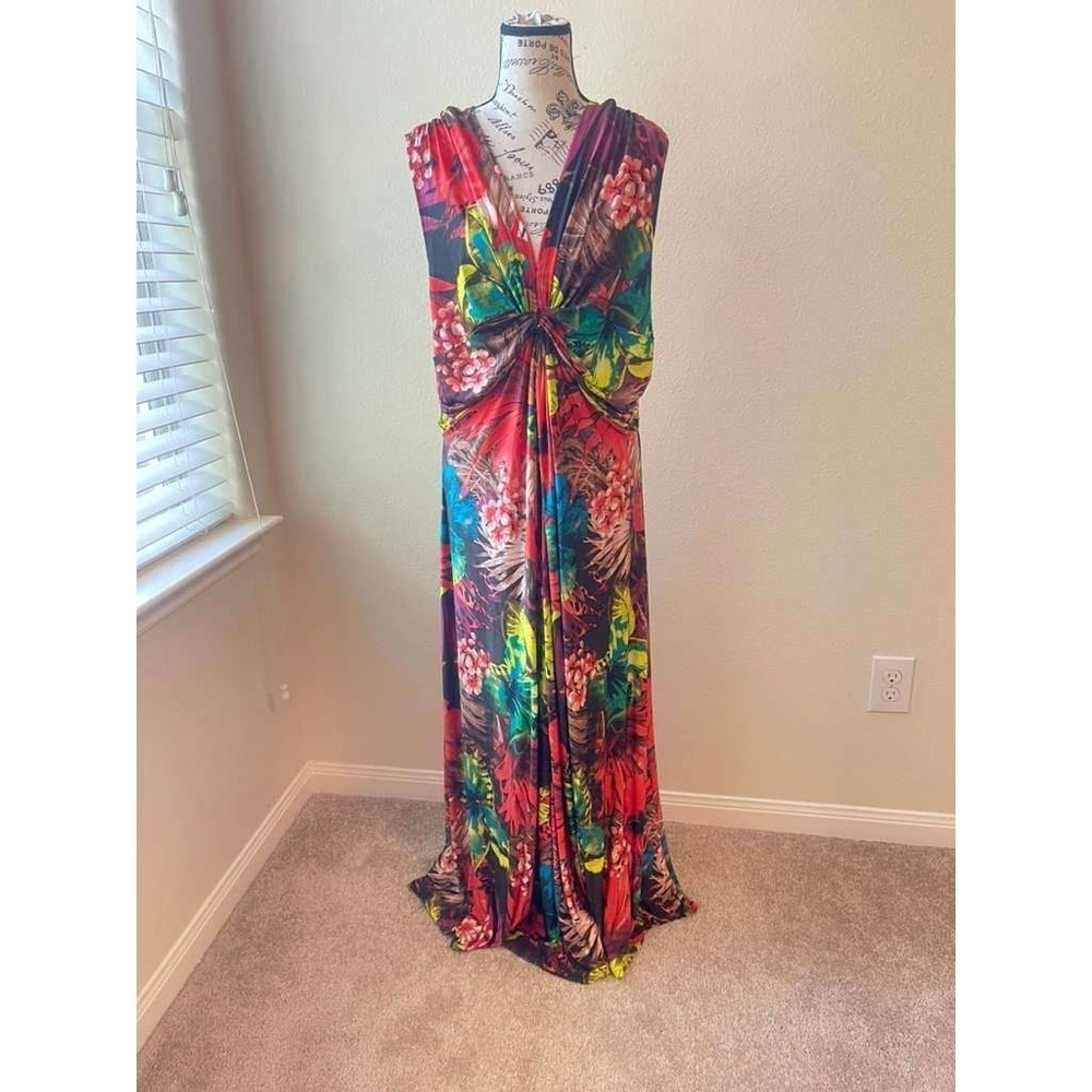Dots Womens 2X Tropical Floral  V-Neck Sleeveless Maxi‎ Dress Multi-Color